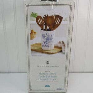 Pioneer Woman Delilah Acacia Wood & Bamboo Melamine Crock Set White Blue 6Pc New